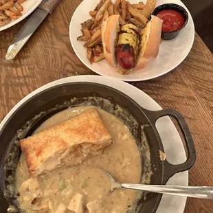 chicken pot pie, kielbasa and saurkraut
