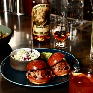 a plate of food and drinks