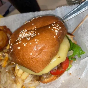 Turkey burger with grilled on and chili&apos;s cheese fries