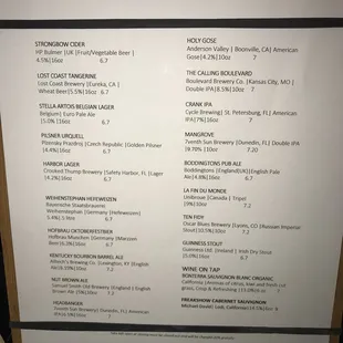 Wine list at fountainhead wine bar, westchase, tampa