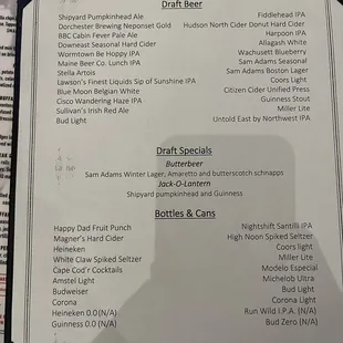 Beer and bottle menu