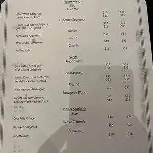 Wine menu