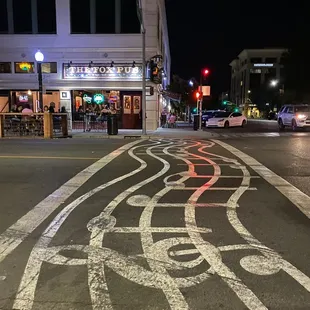 a street scene at night