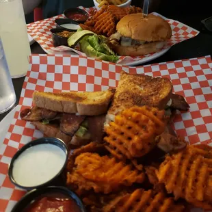 Fox burger and BLT with sweet potato fries.