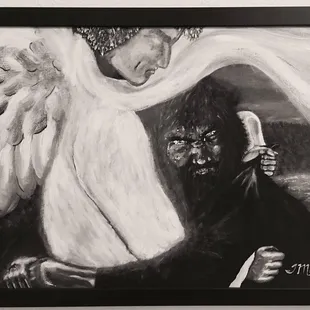 This is my painting of Jacob wrestling the angel. It was perfectly finished, with a custom black frame, by Bruce at the Frame Shop!