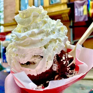 Brownie w/ chocolate chip ice cream, white chocolate shavings, hot fudge, whipped cream