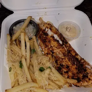Blackened walleye, garlic fries ( parmesan cheese)