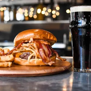 a burger and onion rings