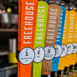 a row of beer taps