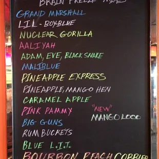 Adult shave ice menu
