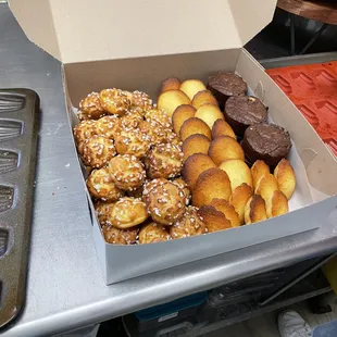 Chouquettes, madeleines and chocolate cake (brownie)