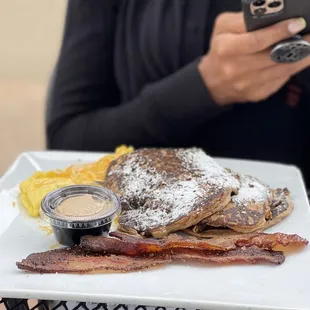 Scrambled eggs, Pancakes, bacon