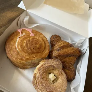 Raspberry round croissant, morning bun, plain croissant