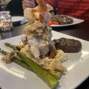 Shrimp, crab and lobster tail with steak! Yum! The cream sauce was perfect!