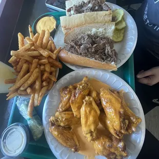 Wings, Cheese Fries, Cheese Steak