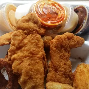 Forgot to do picture before digging in. Samplers with variety of sauces