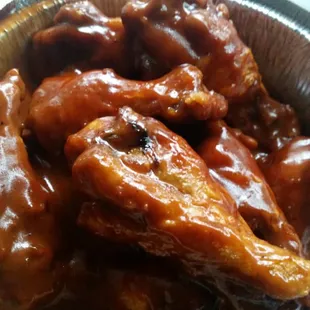 Juicy well fed wings. Honey BBQ.