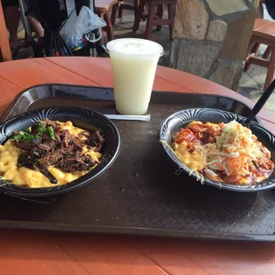 Pot roast Mac and cheese, frozen lemonade, and BBQ chicken mac n cheese