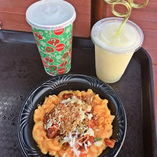 Mac 'n cheese w/ BBQ chicken + lemonade + coke