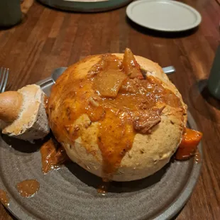 Beef stew in a bread bowl (perfect for a chilly winter night)