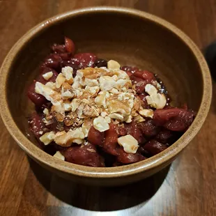 St. Jeudi Compote (warm apple, apricote, figs, dates, honey and cinnamon with a simple nut topping)