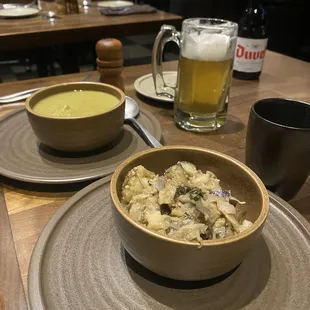 Pea soup and eggplant with basil. Eggplant dish is served COLD.