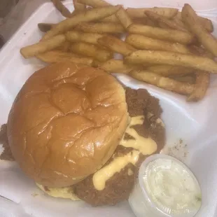 I-Ville Hot Chicken Sandwich with fries. Coleslaw on the side