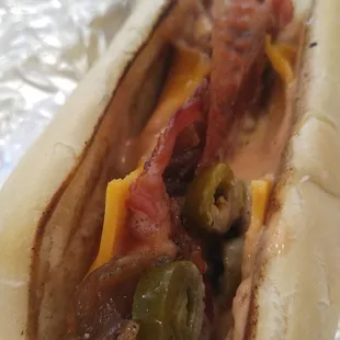 Jalapeno cheddar dog with fried onions