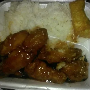 8 Honey braised wings, white sticky rice, and egg roll. $6.75