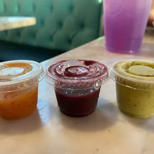 L-R: Mango Jalapeño Pineapple salsa (Médium) , Blueberry habanero (HOT), guac cilantro salsa (Mild)