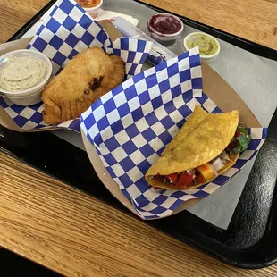 The Beef Empanada &amp; Caribbean Jerk Chicken Taco