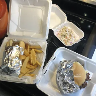 Philly cheesesteak with fries and the western burger with slaw