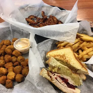 Fried turkey day sandwich, fried okra, sweet potato bar