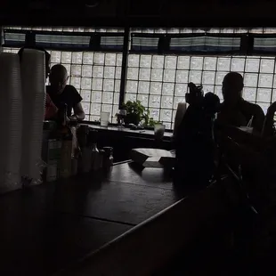 a group of people sitting at a bar