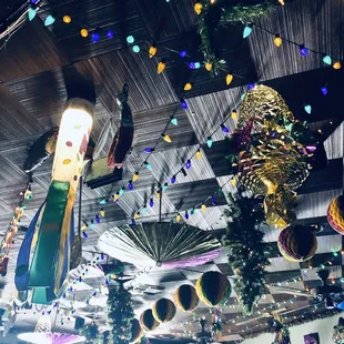 Fun looking ceiling is the opposite of the rest of the bar