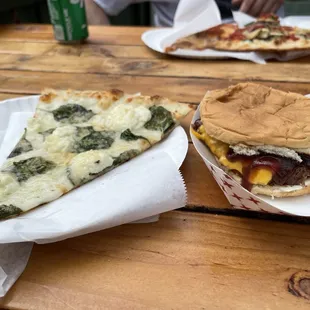 Sh!tkicker burger. Spinach pizza.