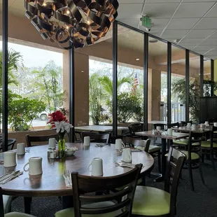 a dining room with a view