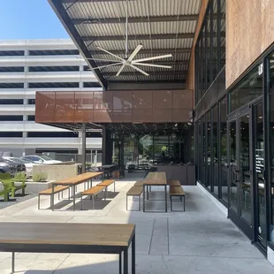 The front of the building/ outdoor seating