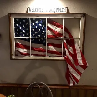 american flag in window