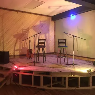 a stage with chairs and microphones