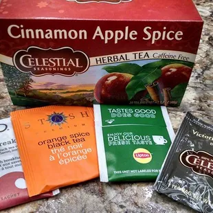 a box of cinnamon apple spice and a packet of tea