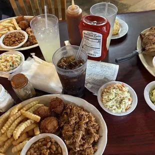 Barbecue plate, pork chops, potato salad and corn bread
