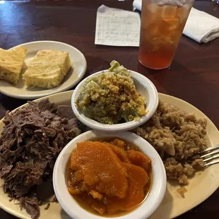 Roast beef, broccoli casserole, brown rice, yams, cornbread