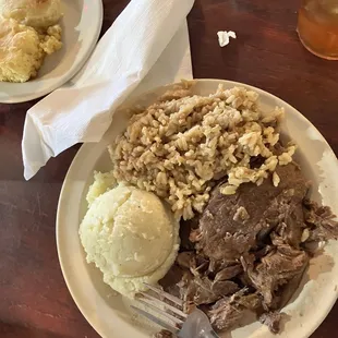 Roast beef, mashed potatoes, brown rice