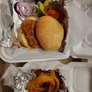 "chicken sandwich" and onion rings