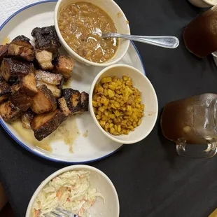 Pork belly burnt ends, burgoo, corn, coleslaw