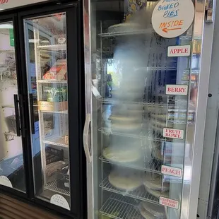 Prepared foods to finish cooking at home.  The nearest case is all frozen unbaked pies made with local, seasonal fruit.