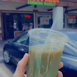 Tasty  fresh made nutritional green juice  (celery, cucumber , kale, green apple ) from "The Fruit Man Farmers Market". Thank you...