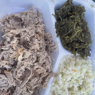 North Carolina style pulled pork, collard greens, coleslaw