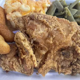 Ridiculous plate of fried chicken, hush puppies, green beans, and ultra ranch mac &amp; cheese